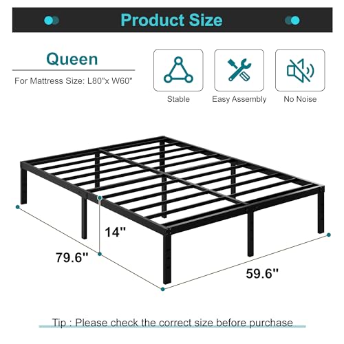 Maenizi 14 Inch Metal Bed Frame Queen Size No Box Spring Needed, Heavy Duty Platform Support Up to 3000 lbs, Easy Assembly, Noise Free, Black