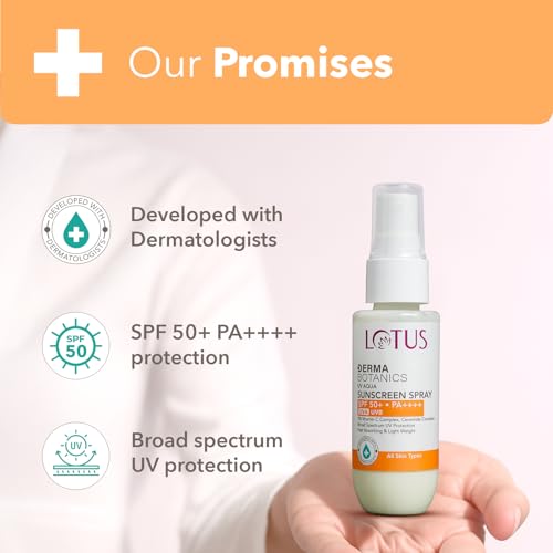 Image of Lotus Dermabotanics 3% Vitamin C Complex + Ceramide Complex UV Aqua Sunscreen Spray SPF 50 and PA++++ | Fast Absorbing | Water Texture | Light Weight | Broad Spectrum UV Protection | Made With Dermatologists | All Skin Types | 50ml