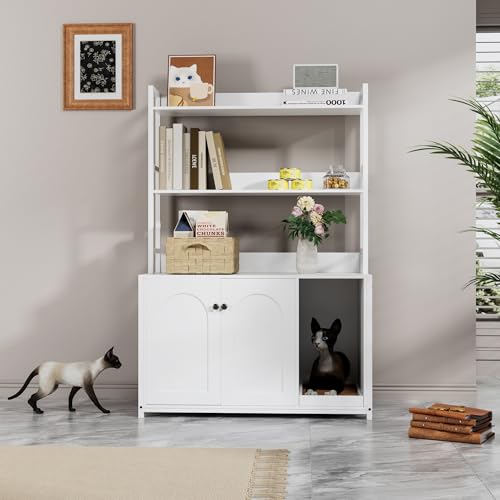 Large Litter Box Enclosure with Shelves, 52'' Hidden Cat Kitty Litter Furniture Corner Cats Bookshelf for Living Room, Bedroom, Cat Box Enclosure Cabinet with Scratch Pad White