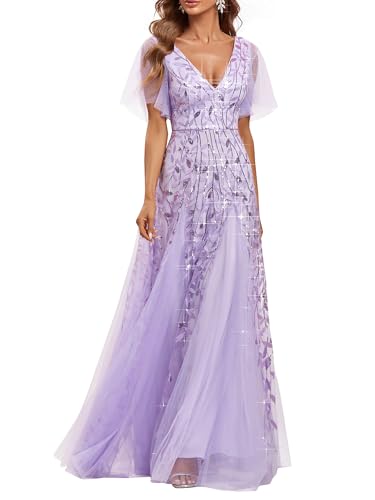 Ever-Pretty Women's Sequin Sparkly V-Neck Short Sleeve A-Line Floor Length Evening Dress Lavender US4