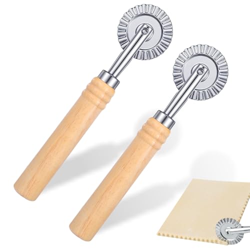 2 Stück Teigrädchen Pizzaschneider Teigrad Gewellt mit Gezähnter Klinge Edelstahl Teigschneider Roller mit Holzgriff Teigroller Ravioli Schneidrad für Heimküche Produktion Ravioli Pasta