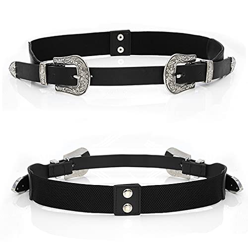 Women's Black Vintage Style Double Buckle Belt PU Leather Western Belt Adjustable Waistband for Dress Jeans Pants 7