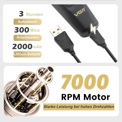 VGR 995 Profi Haartrimmer für Herren Zero Gap Trimmer, Kabelloser Elektrischer Haarschneider mit 4 Kammaufsätzen, USB-C Haarschneider, Leiser Präzisionstrimmer für Reisen