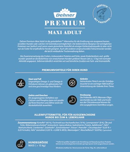 Dehner Premium Hundefutter Maxi Adult, Trockenfutter getreidefrei, für ausgewachsene Hunde großer Rassen, Fisch / Lamm / Kartoffel, 12.5 kg