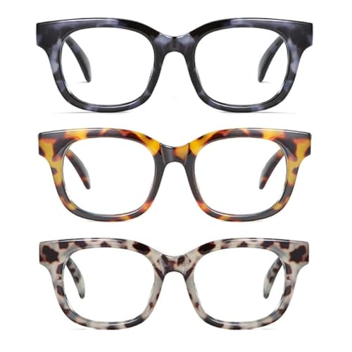Image of 3Pack Oversized Oprah Style Reading Glasses For Women Men Spring Hinges Round Blue Light Blocking Computer Readers (blue /leopard /gray, 1.5, multiplier x)
