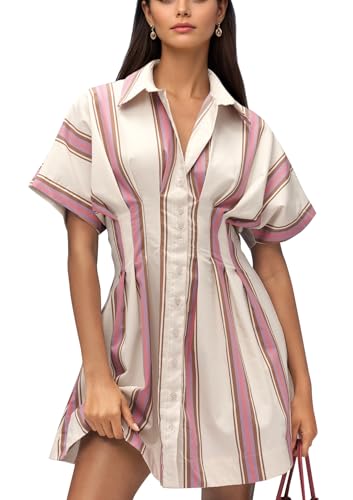 Image of calbatic Women Button Down Pleated Shirt Dress Striped Short Sleeve Summer Casual Business Flowy Mini Short Dress