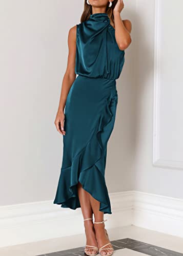 Image of KIRUNDO Women's Summer Satin Mock Neck Wedding Guest Dress | Party Cocktail Midi Dress, 2026 Spring Fashion, Silky, Elegant Classy Halter High Neck, Sleeveless Wrap Ruffle Formal Dress