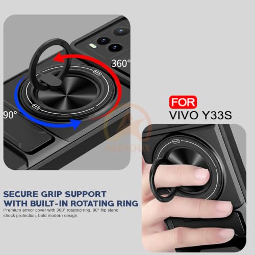 Image of Vivo Y33S Back Cover | Armor Camera Slider 360 Degree Rotating Finger Ring Holder Case with Bracket Stand Back Case Cover (Compatible with MagSafe Accessories) (Black)