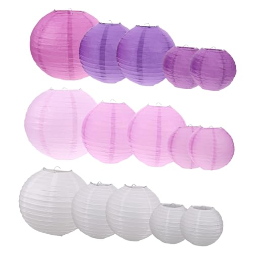 Happyyami 15個手工紙ランタン 丸型吊り下げ式 ペンダントランプシェード 紫色 装飾用 誕生日 ハロウィン 結婚式 居間 教室 季節の祭典に