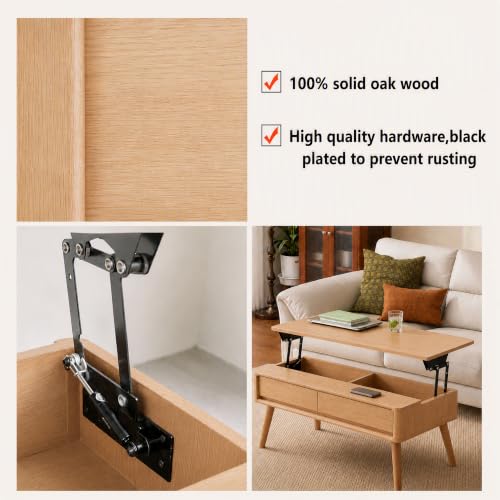 Image of Solid Oak Wood Lift Top Coffee Table for Living Room, Fully-Assembled