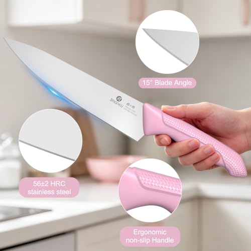 Image of imarku Pink Kitchen Knife Set, 14-Piece Knife Set with Block and Sharpener | Japanese stainless steel |15 edges|non-slip handles| built-in sharpener and dishwasher-safe design