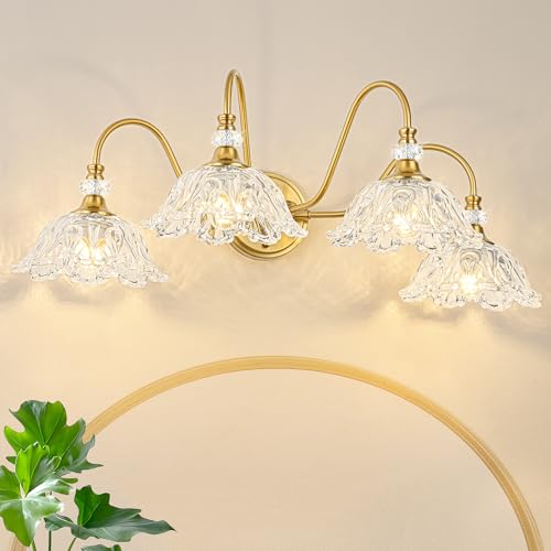 Image of Gold Bathroom Vanity Light, 4-Light Brushed Gold Finish Vanity Light with Floral Clear Glass Shades, Vintage Wall Mount Lighting for Bathroom, Dressing Table