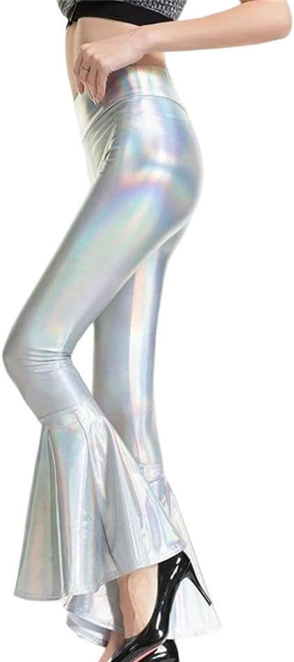 Women Elegant Pu Leather Flare Pants Elastic Waist Casual Loose Dance Performance Trousers