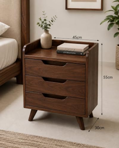 Image of Sheesham Wood Bedside Table with 3 Drawers | Solid Wood Nightstand Furniture for Bedroom | Storage Unit for Home Organization | Modern End Stand for Living Room & Guest Room | Walnut Finish