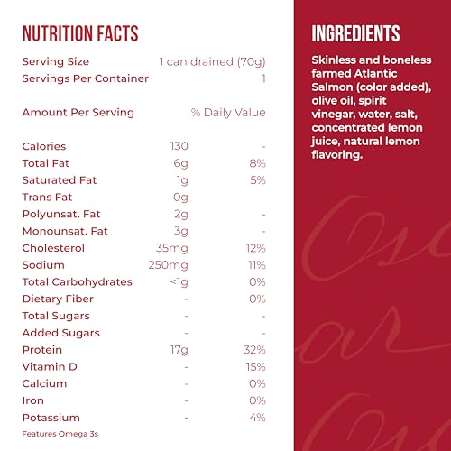 Image of King Oscar Skinless & Boneless Salmon in Olive Oil Lemon, 4.05 oz, 12-Pk | Atlantic Salmon, Hand Packed, Gluten Free, High Protein, Omega-3, Keto Friendly, Heart Healthy