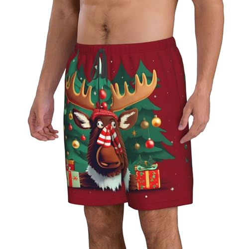 WURTON Funny Christmas Moose Print Mens Swim Trunks Quick Dry Bathing Suits Summer Holiday Beach Board Shorts Pockets White, Large2
