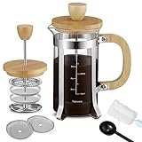 French Press Coffee Maker 12oz(350ml), Double Mesh Filtration Layer French Press with Bamboo Lid & Handle, Heat Resistant Borosilicate Glass French Coffee Press with Cleaning Brush and Spoon