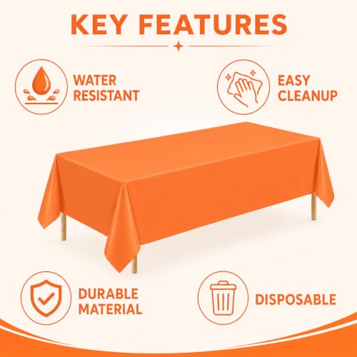 Image of WNINK 2 Pack Orange Plastic Tablecloths, 54 x 108 Inch Disposable Covers | Ideal for Halloween, Thanksgiving, Birthdays and Fall Parties, Helping Protect Tabletops from Spills and Simplify Cleanup