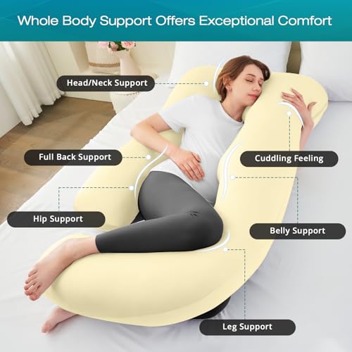 Image of Cooling Pregnancy Pillows for Sleeping, 57'' Full Body Pillow, Light Yellow | Sasttie Maternity Pillow, OEKO-TEX, Down Alternative, Removable Cover, Pregnant Women Must Haves, Maternity Essential