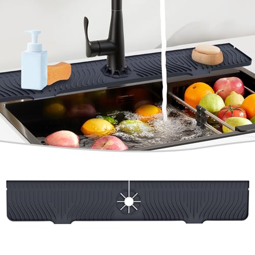 Image of Derlights 33 inch Sink Splash Guard Mat, Silicone Faucet Handle Drip Catcher Tray, Longer Silicone Sink Mat for KitchenBathroom, Drip Protector Splash Countertop (Black)