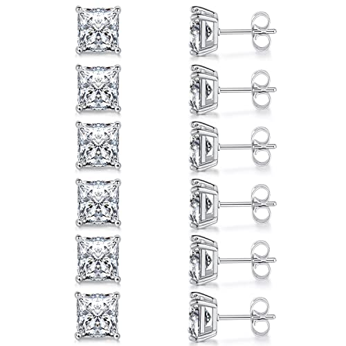 18K White Gold Plated 7.0 mm Princess Cut Clear Cubic Zirconia Stud Earrings Set for Women Men Pack of 6 Pairs