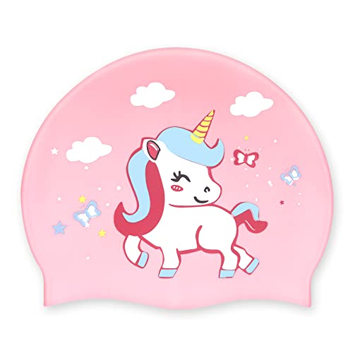 Eumspo Gorro de natación para niños y niñas, de silicona hipoalergénica e impermeable, adecuado para niñas con pelo largo y corto, protección auditiva y cuidado del pelo, diseño de poni rosa Cover