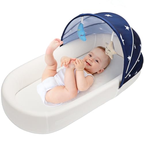 Image of Portable Baby Bassinet- Travel Bassinet for Newborn and Infant, Suitable for Indoor & Outdoor Carry, Lightweight Foldable Washable, Portable Bassinet for Baby Travel, Portable Travel Bassinet, Blue