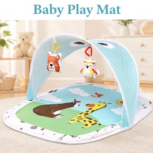 Image of Zest 4 Toyz Baby Play Mat Activity Centre My First Gym Foldable Laying Mat with Hanging Rattles Toys Washable Mat Gym for 6 Months Babies - Blue Made in India