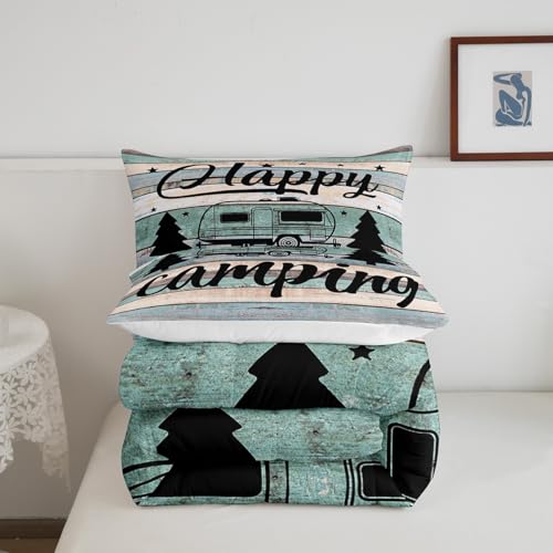 Image of Camper Comforter Twin Size Happy Camping Bedding for Boys Kids Girls Rustic Farmhouse Style Comforter Set, Camper Accessories for Travel Trailers, Camper Must Haves,Teal Blue Vintage Wooden Quilt Set