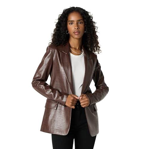 The Drop Women's Anouk Faux-Leather Long Blazer, Chocolate Croc, S
