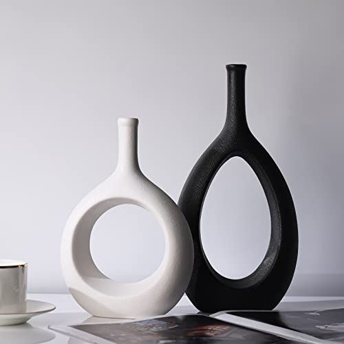 Black White Ceramic Vase Set 2,Modern Hollow Circle with Hole Flower Vase for Home Decor,for Table Centerpieces,Farmhouse,Fire Place,Living Room,Bedroom,Office,Bookshelf,Rustic Decor Black White Ceramic Vase Set 2,Modern Hollow Circle with Hole Flower Vase for Home Decor,for Table Centerpieces,Farmhouse,Fire Place,Living Room,Bedroom,Office,Bookshelf,Rustic Decor