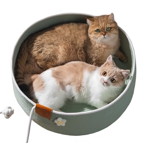 猫ちぐら 麻ロープ編み猫ハウス 猫 かご ベッド, ネコ ベッド 爪研ぎ 麻 丸型 広々スペース 大きめ 猫 カゴ 隠れ家 クールベッド 通気性良好 丈夫で長持ち 成猫用 夏用 可愛い ねこちぐら (グリーン, M-40cm)