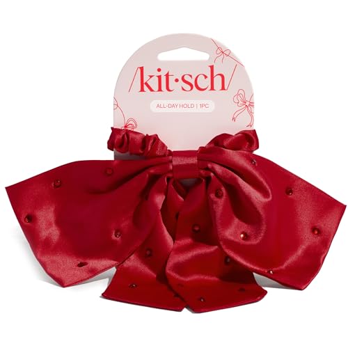 Kitsch Satin Scrunchies for Women - Rhinestone-Studded Bow β Softer than Silk Scrunchies | Red Ponytail Holder Scrunchie Hair Bow for Girls | Ideal Gifts for Women & Stocking Stuffers