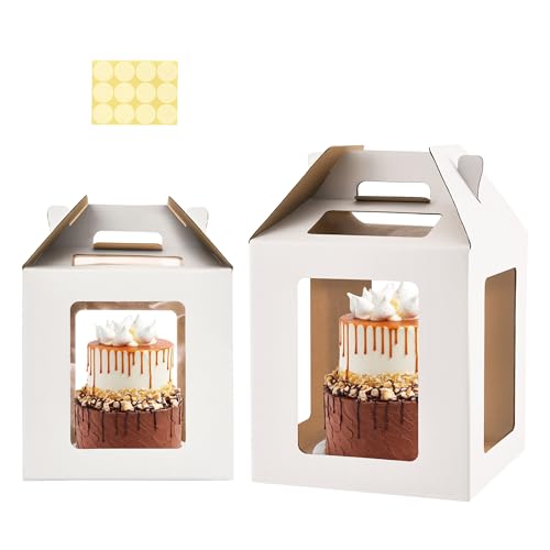 WINHPH Tall Cake Boxes with 6 Windows and Handle - Available in 12x12x12 & 14x14x14 Inch Sizes for Tiered Cakes, Square Cake Carriers, 2 Pcs - White
