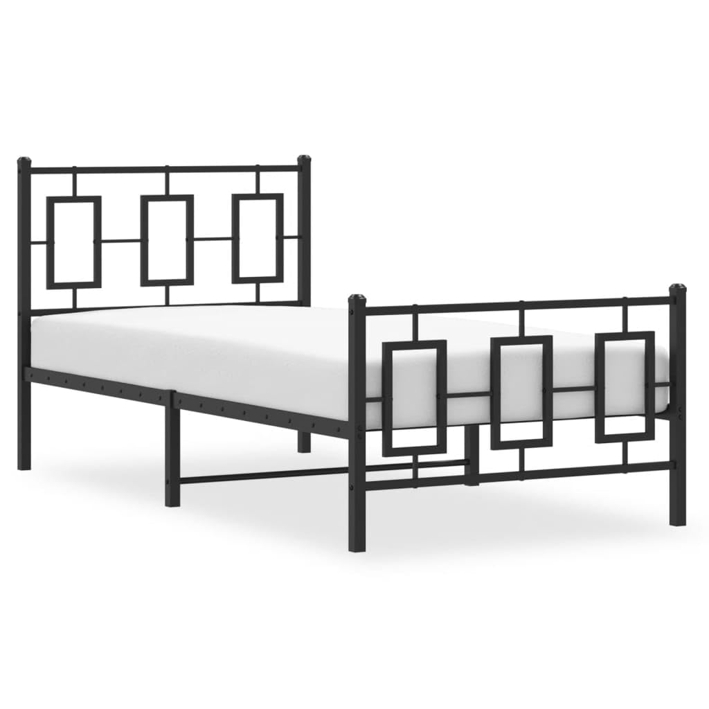 Malowana proszkowo stal Klasyczna rama z listwami Czarny 90x200 cm | Metalowa rama łóżka 90x200 z wezgłowiem i zanóżkiem, czarna, solidny stelaż pod materac z listwami i miejscem do