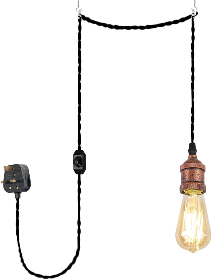 4.5 Meters of Black Twisted Fabric Cable Plug In Pendant Lighting Kit Pendant Light Fitting with Dimmer Switch and E27 Rusty Red Lamp Holder