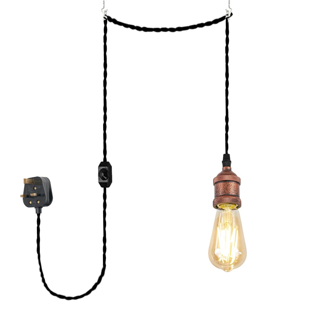FSLiving 4.5 Meters of Black Twisted Fabric Cable Plug In Pendant Lighting Kit Pendant Light Fitting with Dimmer Switch and E27 Rusty Red Lamp Holder