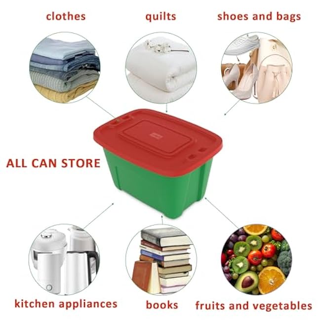 4-Pack Christmas Storage Totes with Lids (Red/Green),18-Gallon(72-0uart) Organization Bins, 25.50x17.00x15.25 Holiday Organizer, Plastic Storage Container Made in the USA