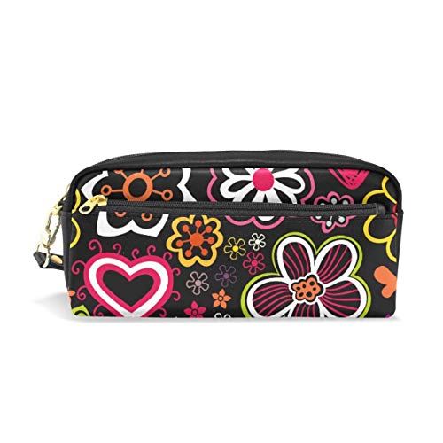 Preisvergleich Produktbild Ahdyr Bunte Blumen und Insektenherzen PU-Leder Bleistiftetui Tasche Reißverschluss Rechteckige große Stifttasche Beuteletui Make-up Kosmetiktasche