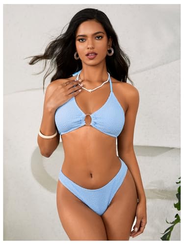 MakeMeChic Women's 3 Piece Bathing Suits Halter Ring Bikini Set with Cover Up Skirts2