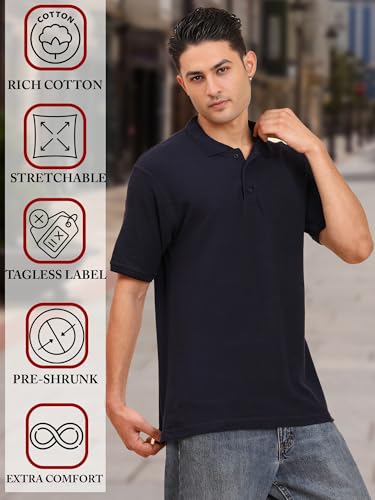 Image of Men's 100% Cotton Polo T-Shirt - Solid Plain Short Sleeve Tee with Classic Collar for Everyday Casual & Smart Wear
