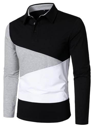 HOOD CREW Men's Casual Long Sleeve Polo Shirt Fashion Contrast Color Design Collar