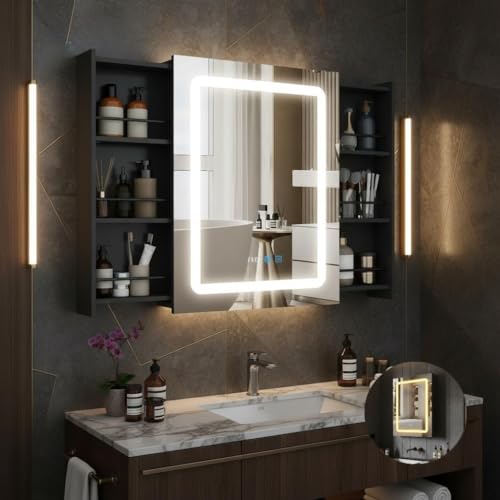 YU YUSING Spiegelschrank Bad mit LED Beleuchtung 55-103x16x70cm, Badezimmerschrank mit 2 Verschiebbare Stauräume 6 Regale, Beschlagfrei, 3 Farben Dimmbar, Hängeschrank, Schwarz