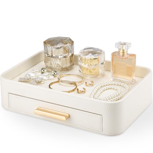 GORESE Plateau Vide Poche,Boîte a Bijoux avec Tiroir en Cuir Plateau de Chevet Plateau decoratif Boîte de Rangement de Bureau pour Clés,Montres,Bijoux,Argent,Beauté,Boutons de Manchette(Blanc Ivoire)