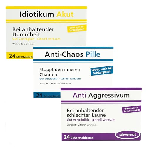 Scherztabletten im 3er Set, Tabletten als Geburtstagsgeschenk. Idiotikum Akut, Anti Chaos, Anti Aggressivum. Spaß, gute Laune, Kollegen, Mann und Frau. Schoko Drops