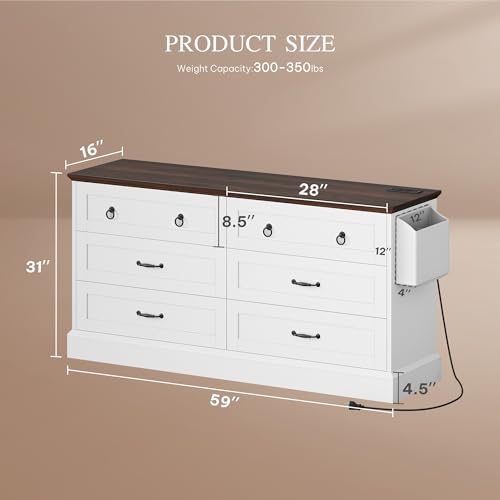 DWVO Farmhouse 6 Drawers Dresser, 59" Wide Wood Rustic Chest of Drawers with Nice Texture, Vintage Design, Storage Dressers Organizer for Living Room, Hallway, White