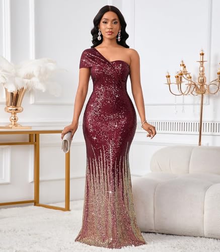 Image of Cololura Women Sexy Sequin One Shoulder Mermaid Formal Party Cocktail Gowns Bodycon Evening Maxi Dress