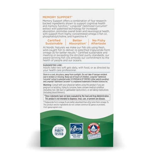 Nordic Naturals Omega Memory With Curcumin | 1000 Mg Omega 3 Fish Oil + 400 Mg Optimized Curcumin | For Memory & Cognition - Contains Phosphatidylcholine & Huperzine A | 60 Lemon Fish Oil Softgels
