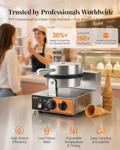 Image of PYY Commercial Waffle Cone Maker Machine, 1200W Ice Cream Cone Maker with Nonstick Plates, Adjustable Temperature & Timer, Stainless Steel Electric Waffle Cone Baker for Ice Cream Shops, Cafes & Home