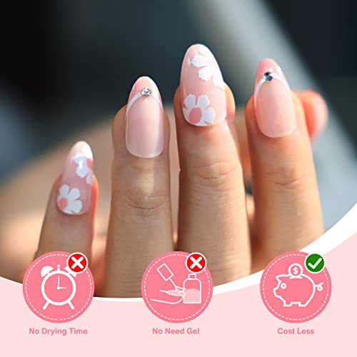 Morily 24Pcs Pink Fake Nails Medium Length Long Press On Nails Almond White Flower False Nail Tips With Rhinestones Design Glossy Artificial Finger Manicure Acrylic Stick On Nails For Women And Girls #TOP4